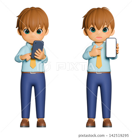 3D CG | Young businessmen delighted with easy registration via smartphone 3D CG | Young businessmen delighted with easy registration via smartphone 142519295