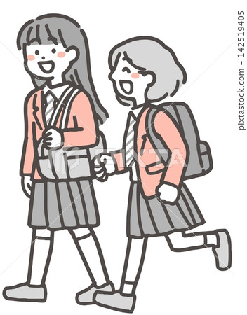 Two female students (middle school and high school) in two-tone winter uniforms walk and chat. Two female students (middle school and high school) in two-tone winter uniforms walk and chat. 142519405