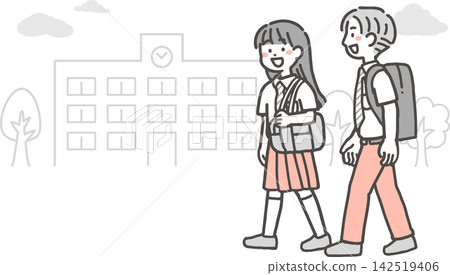 兩名學生(一名國中生和一名高中生)穿著雙色夏季校服在學校門口邊走邊聊。 兩名學生(一名國中生和一名高中生)穿著雙色夏季校服在學校門口邊走邊聊。 142519406