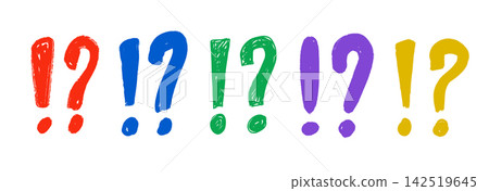 Hand drawn exclamation points and question marks set. Colored crayon doodle punctuation symbol collection. Rough brush stroke sketched important warning sign pack. Vector charcoal note design elements Hand drawn exclamation points and question marks set. Colored crayon doodle punctuation symbol collection. Rough brush stroke sketched important warning sign pack. Vector charcoal note design elements 142519645