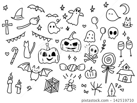 Halloween hand-drawn illustrations: cute pumpkins, ghosts, and bats, line art set, vector. Halloween hand-drawn illustrations: cute pumpkins, ghosts, and bats, line art set, vector. 142519710