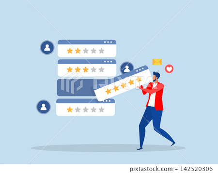 customer feedback concept,woman use smart phone for Credit score or satisfaction measurement, customer satisfaction level emoji level. feedback star rating with good and bad emotions. 142520306