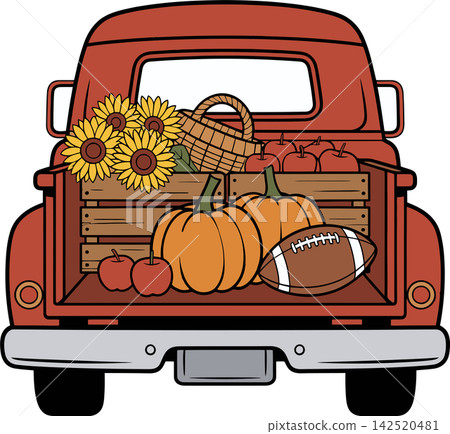 Vintage Pickup Truck with Autumn Harvest Pumpkins Illustration Vintage Pickup Truck with Autumn Harvest Pumpkins Illustration 142520481