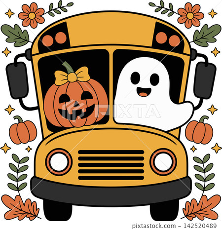 Cute Halloween School Bus with Pumpkin and Ghost Illustration 142520489