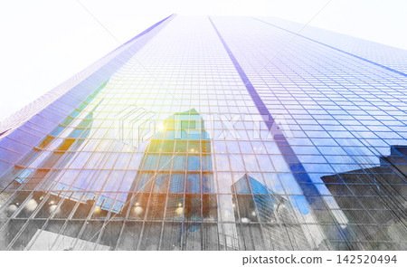 Sketch to reality transformation concept of modern glass skyscraper facade in tokyo japan with copy space Sketch to reality transformation concept of modern glass skyscraper facade in tokyo japan with copy space 142520494