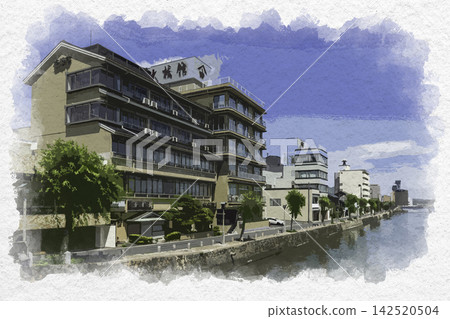 Watercolor style painting: Ohashi-kan and Ohashi River in Matsue, Shimane Prefecture, Matsue City 142520504
