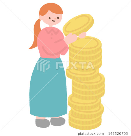 An illustration of a woman stacking money/coins. An illustration of a woman stacking money/coins. 142520703