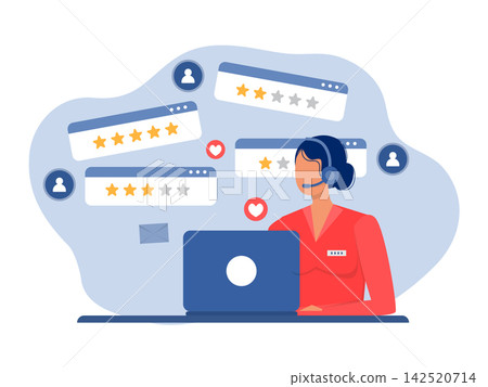 Woman customer service agent with a headset working on a laptop, website or email, chat message feedback star rating with good and bad emotionscustomer feedback concept Woman customer service agent with a headset working on a laptop, website or email, chat message feedback star rating with good and bad emotionscustomer feedback concept 142520714