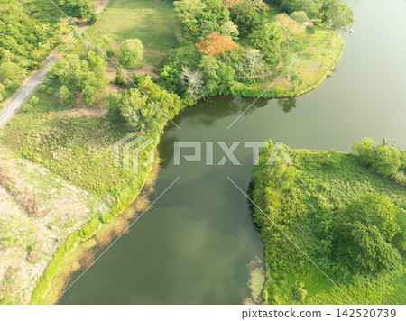 Drone view lakeside garden within retreat resort, framed by greenery and calm water. Wellness travel, nature escape, sustainable tourism and serene hospitality concept. Eco living and mindful travel. Drone view lakeside garden within retreat resort, framed by greenery and calm water. Wellness travel, nature escape, sustainable tourism and serene hospitality concept. Eco living and mindful travel. 142520739