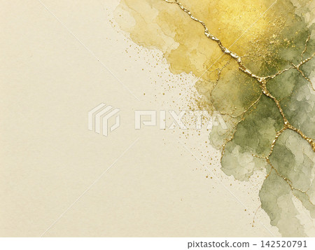 右上角是一張日式紙背景，上面用金黃色和苔綠色的水彩繪製，並飾有金繕（金箔修復）線條。 142520791