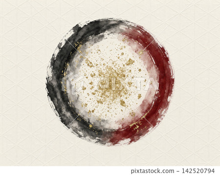 中心是一個黑色和深紅色的水彩圓圈,象牙色的日本紙上散落著金粉。 中心是一個黑色和深紅色的水彩圓圈,象牙色的日本紙上散落著金粉。 142520794