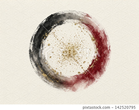 中心是一個黑色和深紅色的水彩圓圈,象牙色的日本紙上散落著金粉。 中心是一個黑色和深紅色的水彩圓圈,象牙色的日本紙上散落著金粉。 142520795