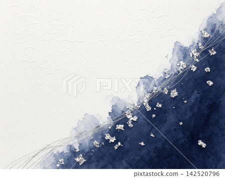 A background featuring diagonally divided white Japanese paper and navy blue watercolor intersecting with silver threads. A background featuring diagonally divided white Japanese paper and navy blue watercolor intersecting with silver threads. 142520796