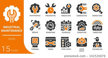 industrial maintenance filled glyph icon set,15 vector icons industrial maintenance filled glyph icon set,15 vector icons 142520878