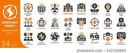 renewable energy filled glyph icon set,24 vector icons renewable energy filled glyph icon set,24 vector icons 142520883