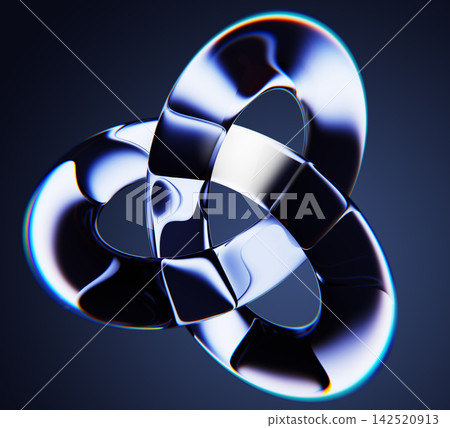 Neon liquid glass trefoil knot figure on dark blue 3d background. Infinite torus loop, logo icon with chromatic dispersion, light refraction. Celtic trinity shape, impossible object. 3D illustration Neon liquid glass trefoil knot figure on dark blue 3d background. Infinite torus loop, logo icon with chromatic dispersion, light refraction. Celtic trinity shape, impossible object. 3D illustration 142520913