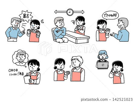 一組插圖,描繪了客戶服務人員如何應對客戶騷擾以及如何處理投訴。 一組插圖,描繪了客戶服務人員如何應對客戶騷擾以及如何處理投訴。 142521023