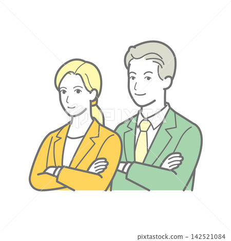 圖中描繪了一位男性和一位女性商務人士面帶微笑、雙臂交叉的上半身。 圖中描繪了一位男性和一位女性商務人士面帶微笑、雙臂交叉的上半身。 142521084