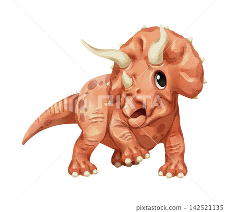 Watercolor triceratops dinosaur isolated PNG illustration, featuring a cute hand-drawn orange horned prehistoric creature cartoon character on a transparent background for digital design and crafting. Watercolor triceratops dinosaur isolated PNG illustration, featuring a cute hand-drawn orange horned prehistoric creature cartoon character on a transparent background for digital design and crafting. 142521135