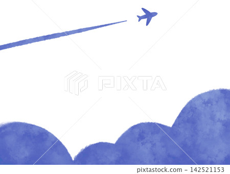 水彩風格的飛機和雲朵邊框（藍色） 142521153