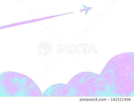 紫色和淺藍色水彩風格的飛機和雲朵邊框 142521406