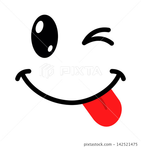 Playful winking face graphic with a smiling expression and sticking out red tongue, isolated on white background 142521475
