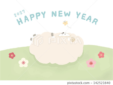 2027 年新年賀卡向量插圖:羊年(令和 9 年)新年賀卡模板,描繪了一隻羊側躺在草地上。 2027 年新年賀卡向量插圖:羊年(令和 9 年)新年賀卡模板,描繪了一隻羊側躺在草地上。 142521640