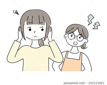 一幅插圖描繪了一位母親責罵女兒,而女兒摀住耳朵不理睬母親,展現了母女爭吵的場景。 一幅插圖描繪了一位母親責罵女兒,而女兒摀住耳朵不理睬母親,展現了母女爭吵的場景。 142521661