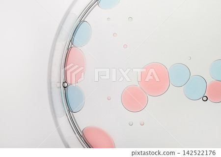 Pink and blue oil drops floating in liquid within clear petri dish on white Pink and blue oil drops floating in liquid within clear petri dish on white 142522176