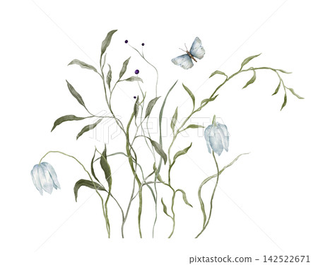 Watercolor elements of bouquet depicting a wildflower botanical bluebell hand drawn illustrations. Composition delicate of blue fritillary delicate flower and wildflower herbs and butterfly. Watercolor elements of bouquet depicting a wildflower botanical bluebell hand drawn illustrations. Composition delicate of blue fritillary delicate flower and wildflower herbs and butterfly. 142522671