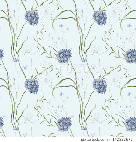 Delicate watercolor repeat design with blue and lavender hydrangeas. Seamless botanical floral pattern. Soft blue and lavender tones with muted green foliage. Hand drawn, watercolor illustration Delicate watercolor repeat design with blue and lavender hydrangeas. Seamless botanical floral pattern. Soft blue and lavender tones with muted green foliage. Hand drawn, watercolor illustration 142522672