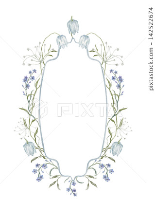 Hand-painted watercolor vertical oval frame of pale blue fritillaria bells, lilac forget-me-nots and sage sprigs on white background. Empty center copy space. scandinavian botanical label design Hand-painted watercolor vertical oval frame of pale blue fritillaria bells, lilac forget-me-nots and sage sprigs on white background. Empty center copy space. scandinavian botanical label design 142522674