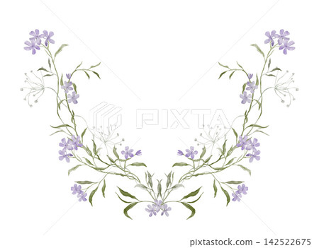 Hand-painted watercolor U-shaped floral frame of lilac phlox blooms, slender sage leaves, and airy white seed sprigs on white background, with wide blank copy space in the center for text. Hand-painted watercolor U-shaped floral frame of lilac phlox blooms, slender sage leaves, and airy white seed sprigs on white background, with wide blank copy space in the center for text. 142522675