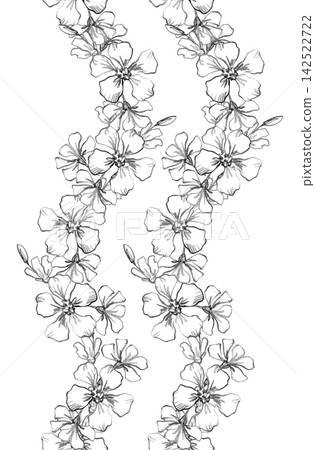 Seamless border of a two vertical rows of the bird cherry flowers. Handmade farm pencil illustrations. For design of cards, cover, prints, product labels and fabric. Seamless border of a two vertical rows of the bird cherry flowers. Handmade farm pencil illustrations. For design of cards, cover, prints, product labels and fabric. 142522722