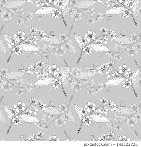 Seamless pattern of the bird cherry branches on a grey background. Handmade pencil illustrations. For design of cards, cover, prints, product labels and fabric. 142522726