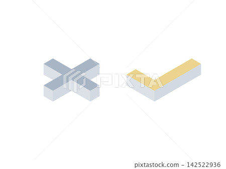 Isometric illustration set of crosses and checkmarks parallel to the ground (blue-gray and yellow) Isometric illustration set of crosses and checkmarks parallel to the ground (blue-gray and yellow) 142522936