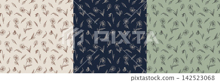 Botanical seamless pattern set with textured pansy flowers. Vector illustration of hand drawn viola tricolor blossoms with grain effect in three color variations for textile, fabric, packaging Botanical seamless pattern set with textured pansy flowers. Vector illustration of hand drawn viola tricolor blossoms with grain effect in three color variations for textile, fabric, packaging 142523068