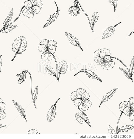 Botanical seamless pattern with hand drawn pansy flowers and leaves. Vector illustration of monochrome viola tricolor blossoms in sketch style on light background for wallpaper textile wrapping paper Botanical seamless pattern with hand drawn pansy flowers and leaves. Vector illustration of monochrome viola tricolor blossoms in sketch style on light background for wallpaper textile wrapping paper 142523069