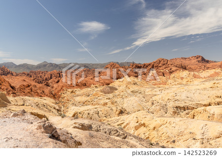 Red sandstone desert cliffs with blue sky dramatic rock landscape Red sandstone desert cliffs with blue sky dramatic rock landscape 142523269