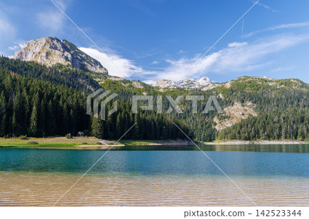 Calm lake with forest reflection under blue sky 142523344