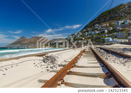 Railway along ocean covered with sand Railway along ocean covered with sand 142523345