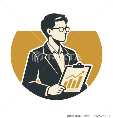 Professional supply chain logistics manager character avatar holding clipboard checklist with financial chart vector concept logo Professional supply chain logistics manager character avatar holding clipboard checklist with financial chart vector concept logo 142523607