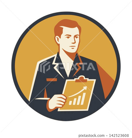 Professional logistics manager holding clipboard checklist vector icon for warehouse inventory control and cargo audit logo Professional logistics manager holding clipboard checklist vector icon for warehouse inventory control and cargo audit logo 142523608