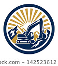 Heavy excavator logo vector badge design with sharp sunburst and mountain background for construction contractor brand identity 142523612