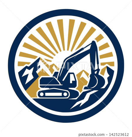 Heavy excavator logo vector badge design with sharp sunburst and mountain background for construction contractor brand identity Heavy excavator logo vector badge design with sharp sunburst and mountain background for construction contractor brand identity 142523612