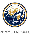 Excavator heavy equipment vector logo badge with yellow sunburst and mountain background for construction company identity 142523613