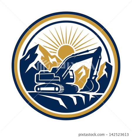 Excavator heavy equipment vector logo badge with yellow sunburst and mountain background for construction company identity Excavator heavy equipment vector logo badge with yellow sunburst and mountain background for construction company identity 142523613