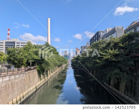 The lush green Meguro River and the chimney of the Meguro Incineration Plant The lush green Meguro River and the chimney of the Meguro Incineration Plant 142523705