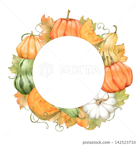 Hand-drawn illustration of a circular autumn wreath frame with orange, green, and white pumpkins, fall leaves, and vine tendrils isolated on white background. This round border perfect for 142523710