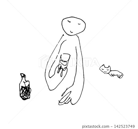 A set of monochrome hand-drawn line art of a person drinking whiskey and a sleeping cat. A set of monochrome hand-drawn line art of a person drinking whiskey and a sleeping cat. 142523749